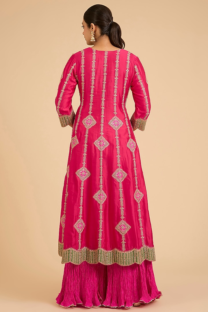 Strawberry Red Spun Silk Marori Work Bridal Anarkali Set by SURBHI SHAH at Pernia's Pop Up Shop
