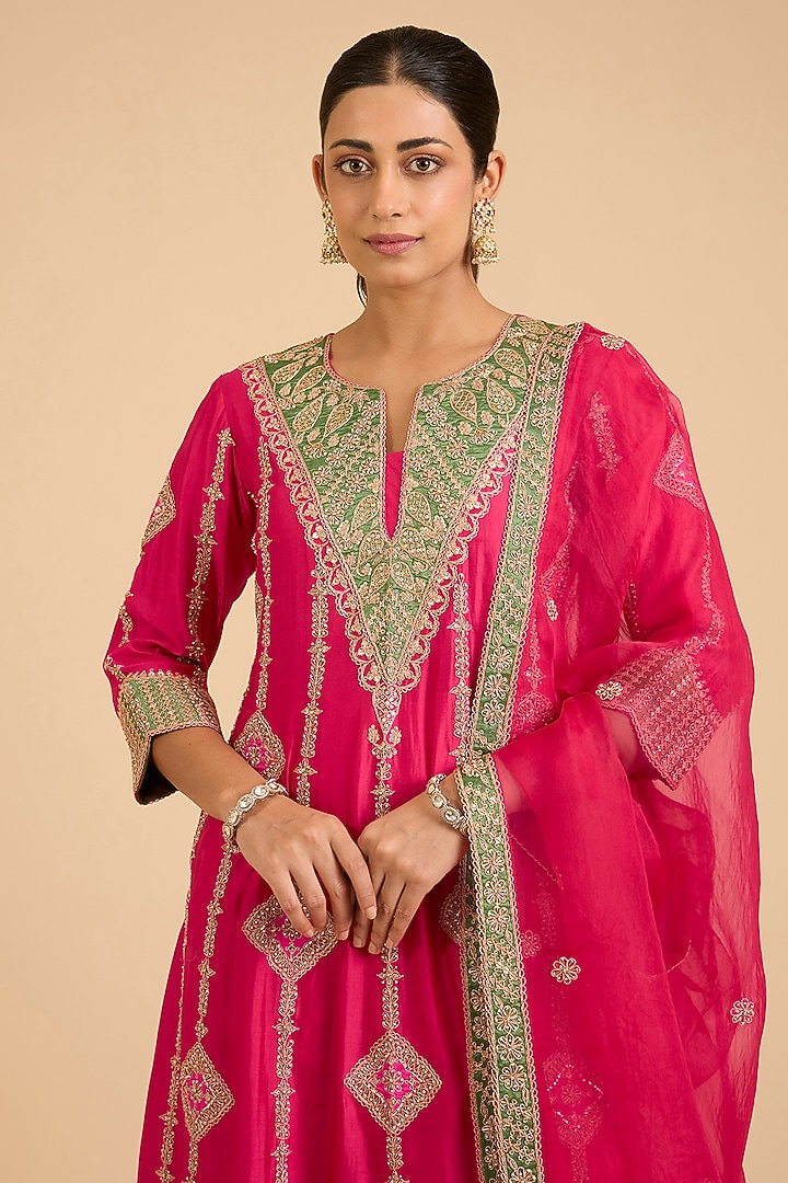Strawberry Red Spun Silk Marori Work Bridal Anarkali Set by SURBHI SHAH at Pernia's Pop Up Shop