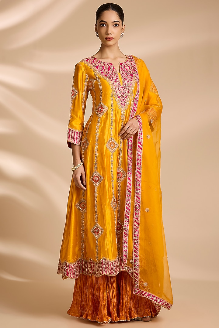 Mango Yellow Spun Silk Gota Embroidered Bridal Anarkali Set by Surbhi Shah at Pernia's Pop Up Shop
