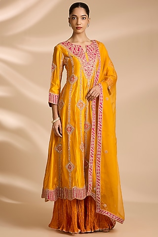 Mango Yellow Spun Silk Gota Embroidered Anarkali Set by Surbhi Shah