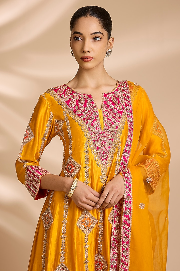 Mango Yellow Spun Silk Gota Embroidered Bridal Anarkali Set by Surbhi Shah at Pernia's Pop Up Shop