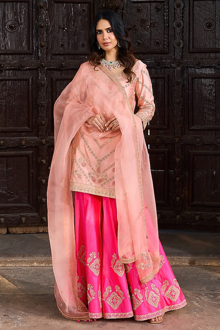 Hot Pink Pure Spun Silk Zardosi Work Bridal Sharara Set by SURBHI SHAH at Pernia's Pop Up Shop