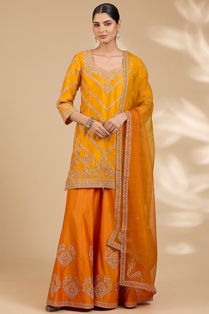 Orange Spun Silk Bridal Sharara Set by SURBHI SHAH at Pernia's Pop Up Shop