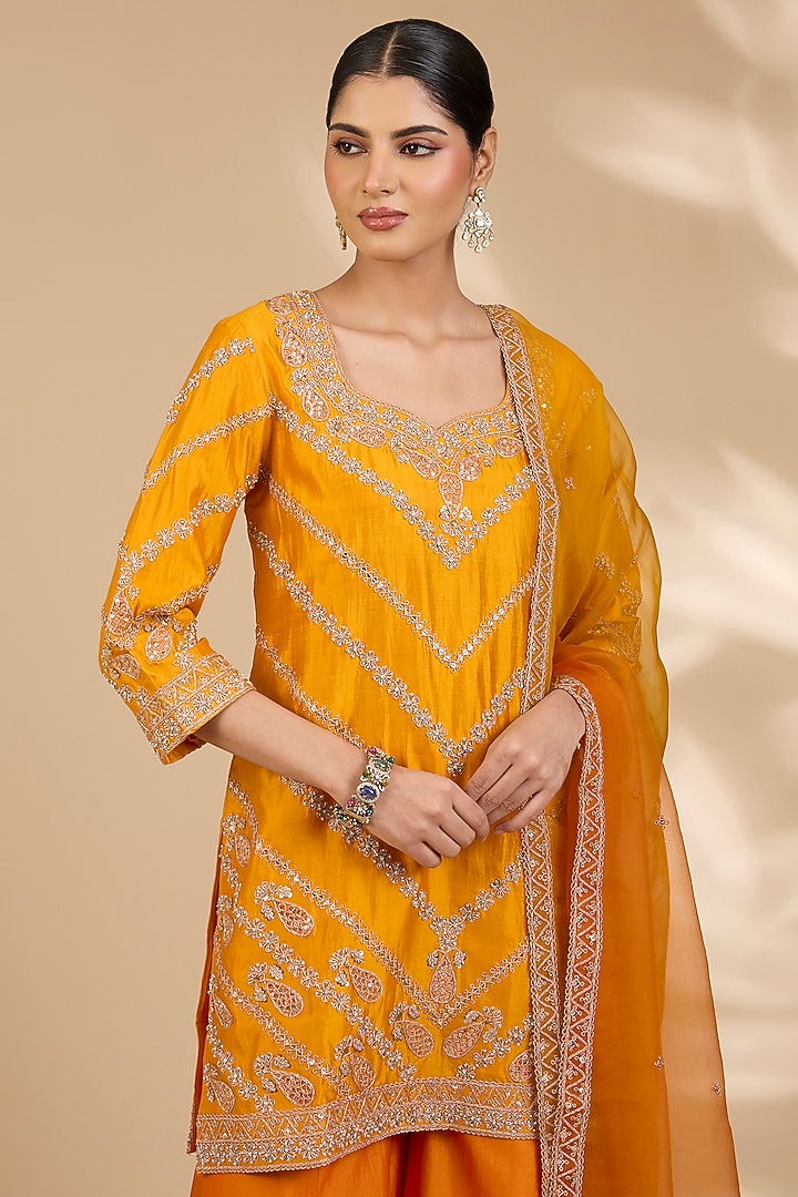 Orange Spun Silk Bridal Sharara Set by SURBHI SHAH at Pernia's Pop Up Shop