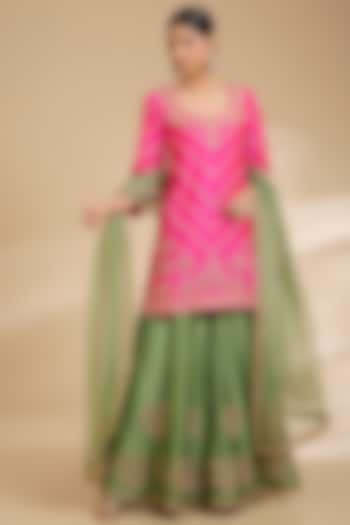Powder Sage Green Spun Silk Marori Work Bridal Sharara Set by Surbhi Shah at Pernia's Pop Up Shop