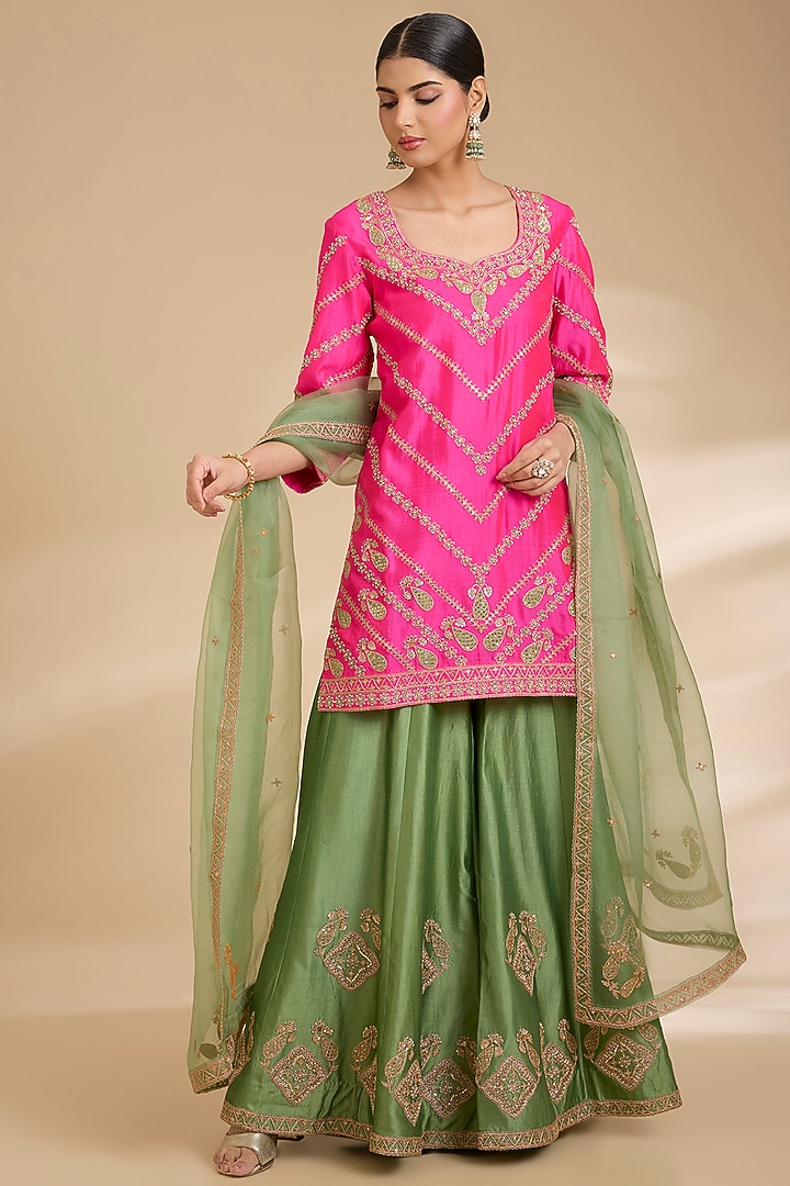 Powder Sage Green Spun Silk Marori Work Bridal Sharara Set by Surbhi Shah at Pernia's Pop Up Shop