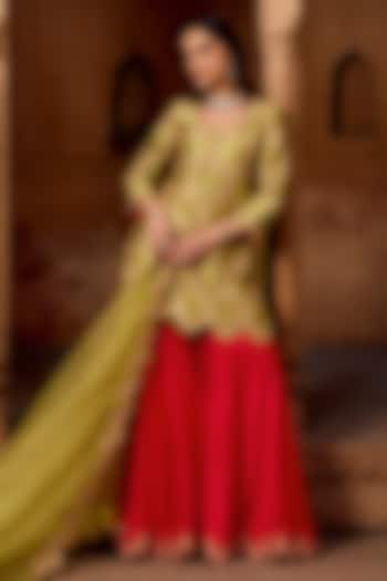 Strawberry Red Pure Pure Spun Silk Bridal Sharara Set by SURBHI SHAH at Pernia's Pop Up Shop
