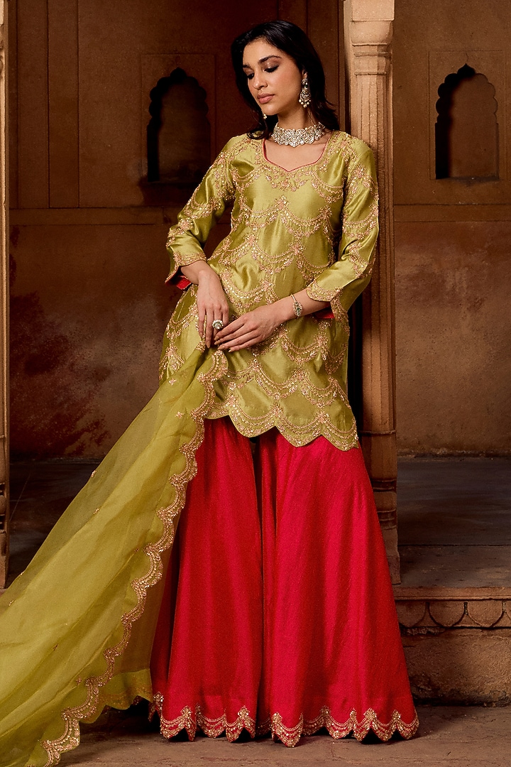 Strawberry Red Pure Pure Spun Silk Bridal Sharara Set by SURBHI SHAH at Pernia's Pop Up Shop