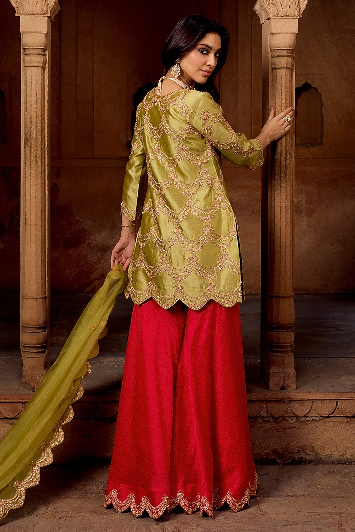 Strawberry Red Pure Pure Spun Silk Bridal Sharara Set by SURBHI SHAH at Pernia's Pop Up Shop