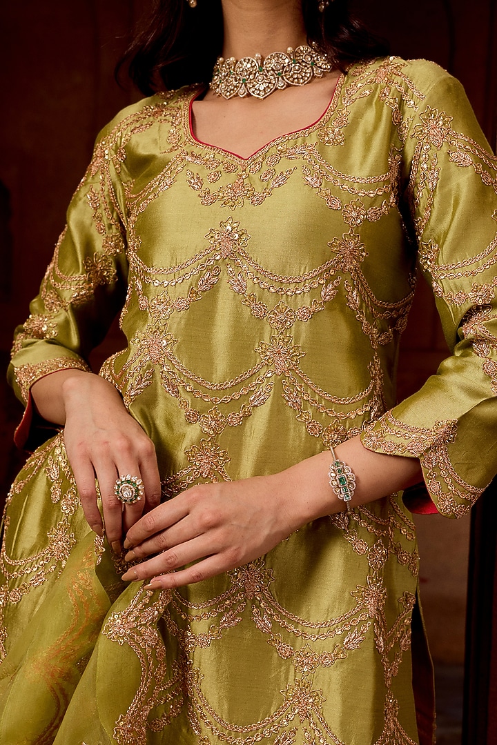 Strawberry Red Pure Pure Spun Silk Bridal Sharara Set by SURBHI SHAH at Pernia's Pop Up Shop