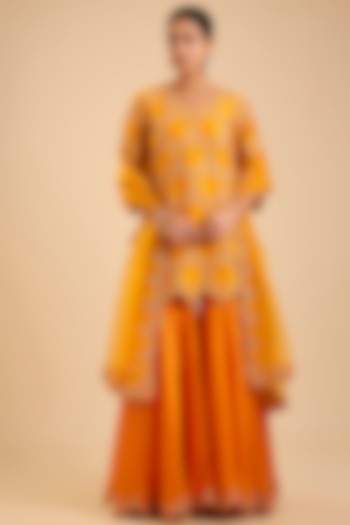 Orange Spun Silk Marori Work Bridal Sharara Set by SURBHI SHAH at Pernia's Pop Up Shop
