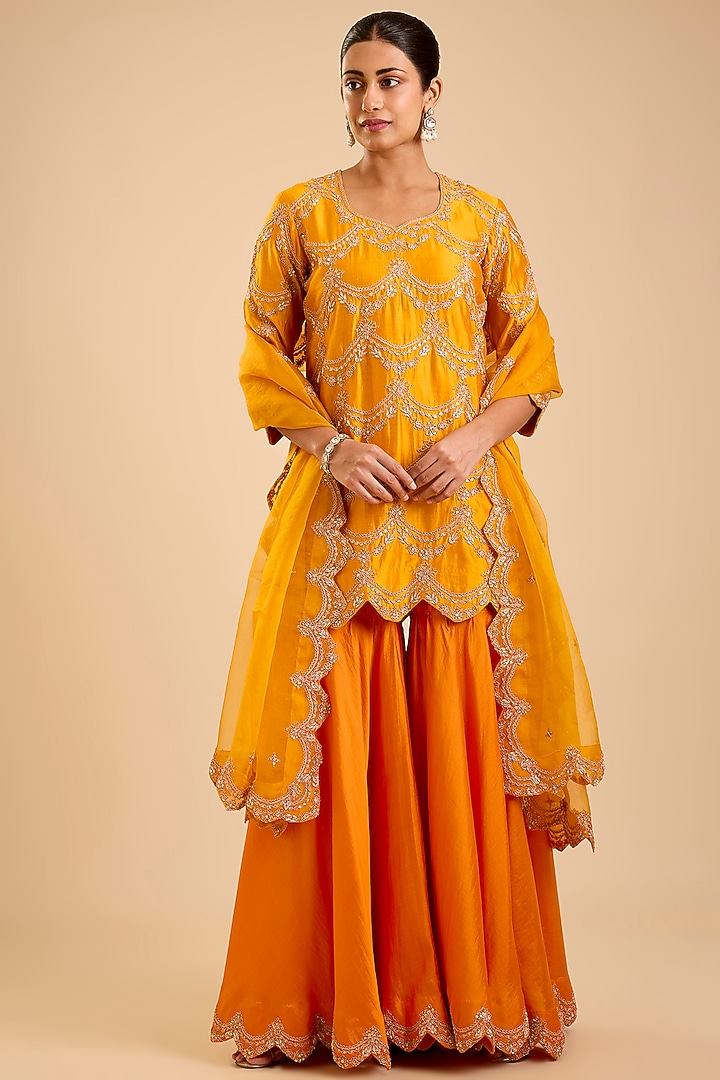 Orange Spun Silk Marori Work Bridal Sharara Set by SURBHI SHAH at Pernia's Pop Up Shop