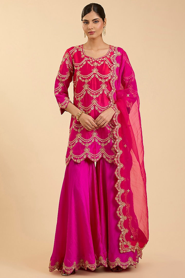 Rani Pink Spun Silk Marori Work Bridal Sharara Set by SURBHI SHAH at Pernia's Pop Up Shop