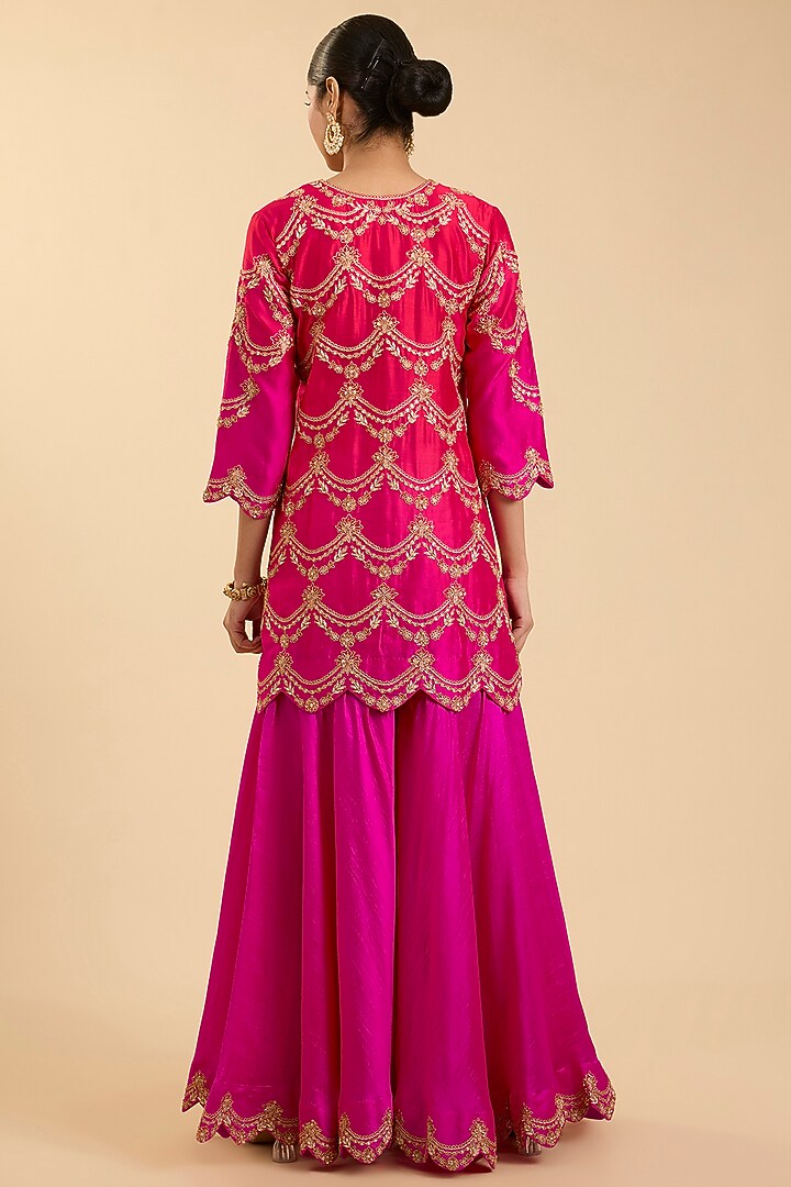 Rani Pink Spun Silk Marori Work Bridal Sharara Set by SURBHI SHAH at Pernia's Pop Up Shop