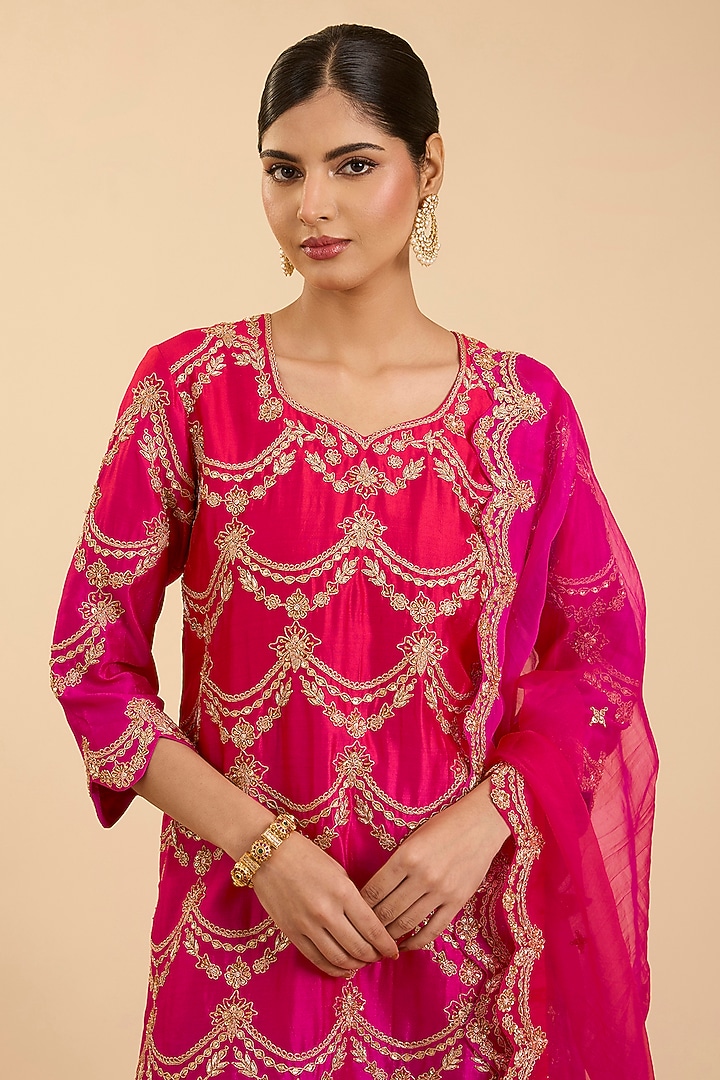 Rani Pink Spun Silk Marori Work Bridal Sharara Set by SURBHI SHAH at Pernia's Pop Up Shop