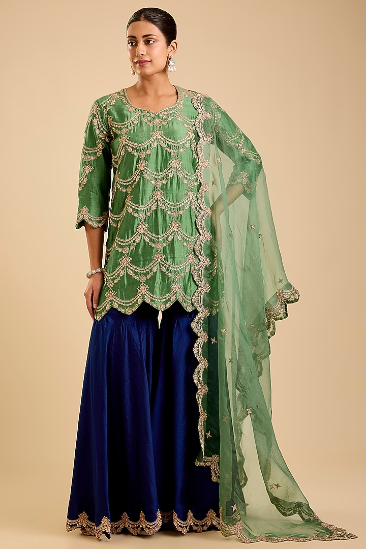 Navy Blue Spun Silk Marori Work Bridal Sharara Set by SURBHI SHAH at Pernia's Pop Up Shop