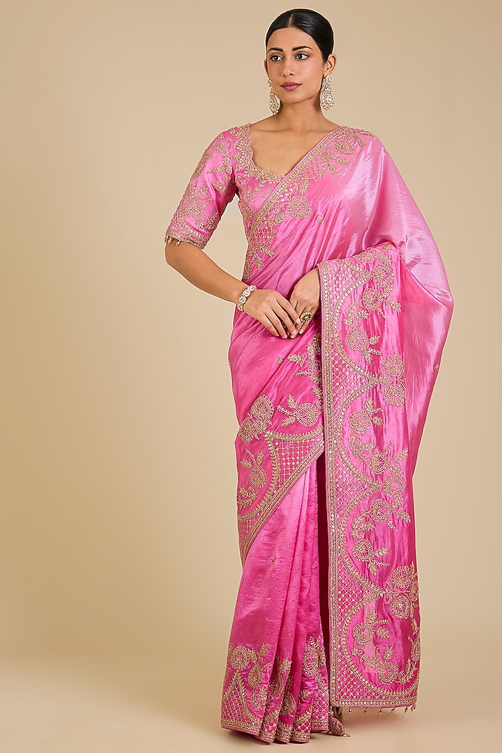 Blush Pink Kora Silk Marori Work Reception Saree Set by SURBHI SHAH at Pernia's Pop Up Shop