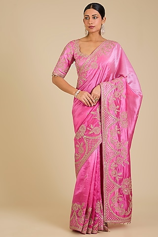 Blush Pink Kora Silk Marori Work Saree Set by SURBHI SHAH