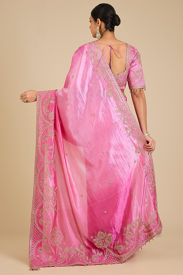 Blush Pink Kora Silk Marori Work Reception Saree Set by SURBHI SHAH at Pernia's Pop Up Shop