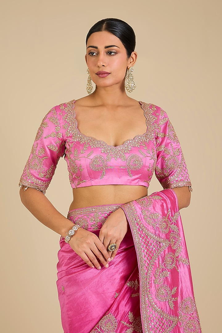 Blush Pink Kora Silk Marori Work Reception Saree Set by SURBHI SHAH at Pernia's Pop Up Shop