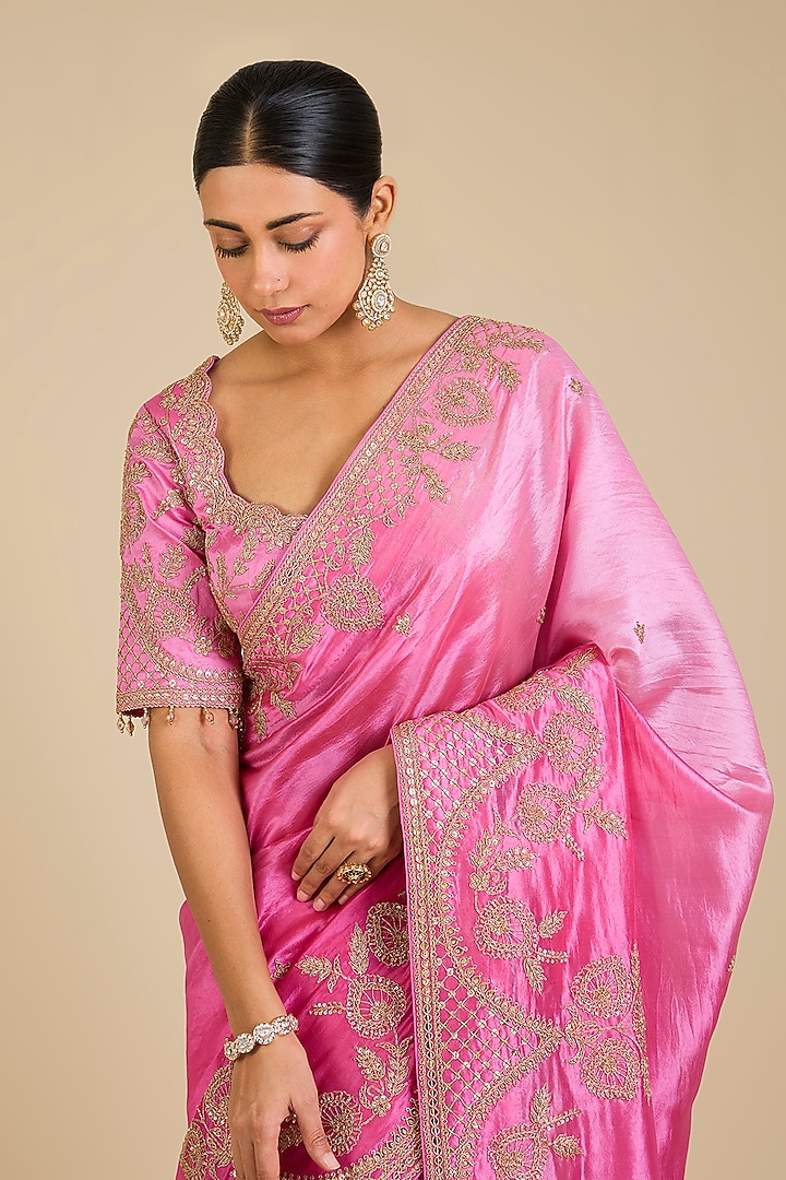 Blush Pink Kora Silk Marori Work Reception Saree Set by SURBHI SHAH at Pernia's Pop Up Shop