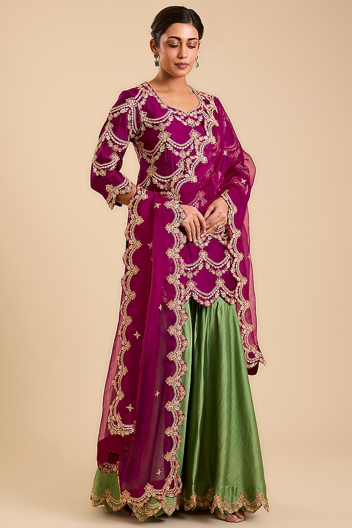Powder Sage Green Spun Silk Pyali & Marori Embroidered Bridal Sharara Set by SURBHI SHAH at Pernia's Pop Up Shop