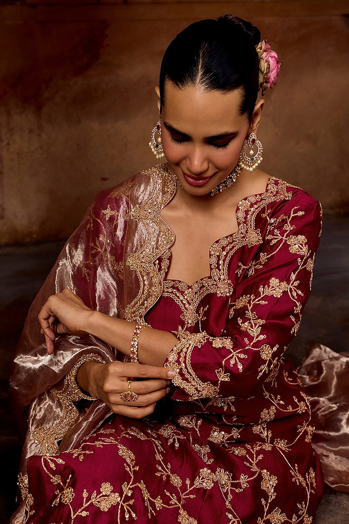 Berry Magenta Pure Spun Silk Marori Work Kurta Set by SURBHI SHAH at Pernia's Pop Up Shop