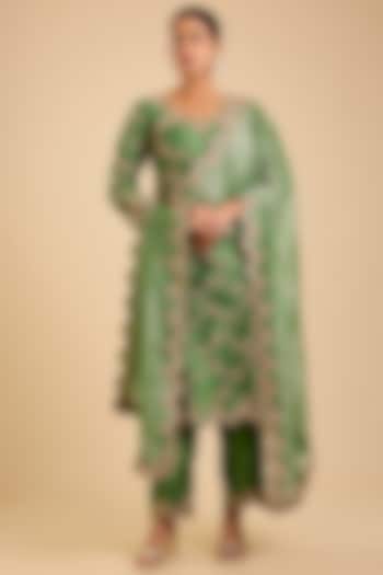 Sage Green Spun Silk Pyali Marori Work Kurta Set by SURBHI SHAH at Pernia's Pop Up Shop