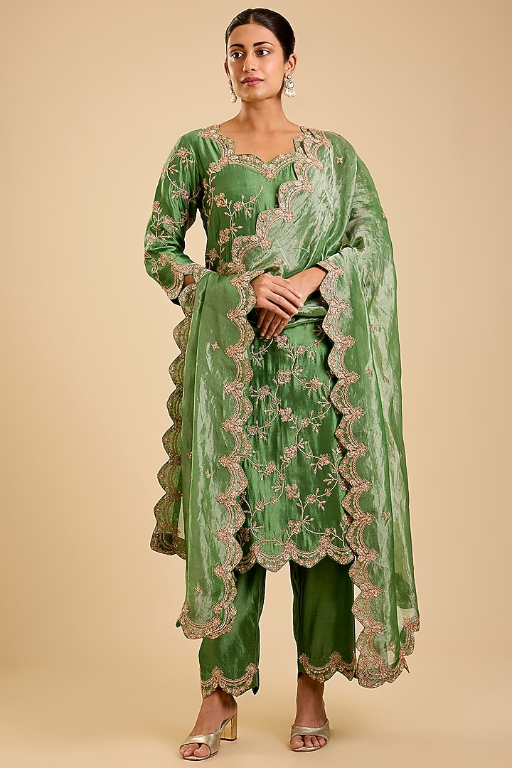 Sage Green Spun Silk Pyali Marori Work Kurta Set by SURBHI SHAH at Pernia's Pop Up Shop