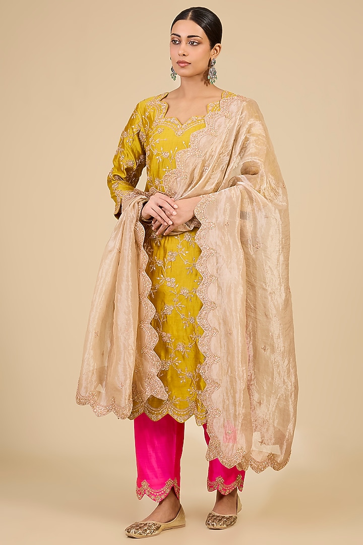Mustard Yellow Spun Silk Marori Work Kurta Set by Surbhi Shah at Pernia's Pop Up Shop