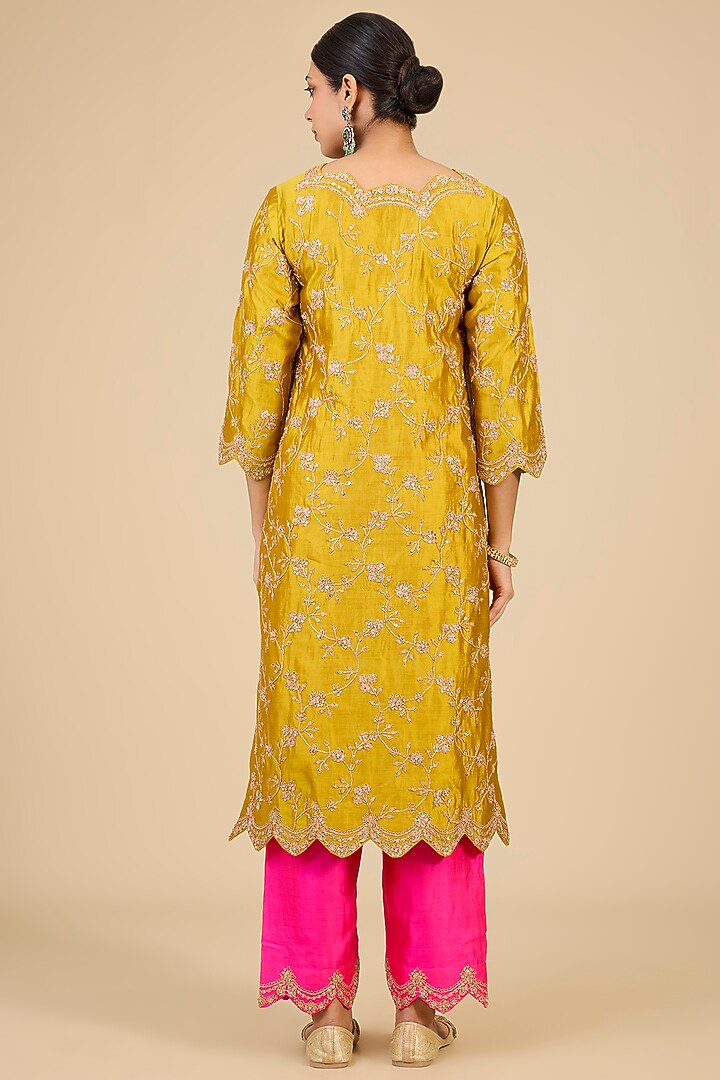 Mustard Yellow Spun Silk Marori Work Kurta Set by Surbhi Shah at Pernia's Pop Up Shop
