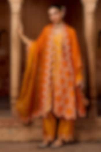 Mango Yellow & Orange Ombre Pure Spun Silk Marori Work Kurta Set by SURBHI SHAH at Pernia's Pop Up Shop