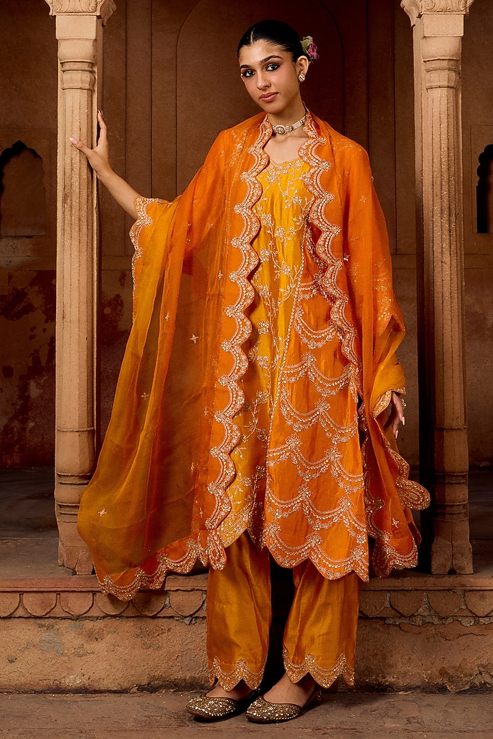 Mango Yellow & Orange Ombre Pure Spun Silk Marori Work Kurta Set by SURBHI SHAH at Pernia's Pop Up Shop