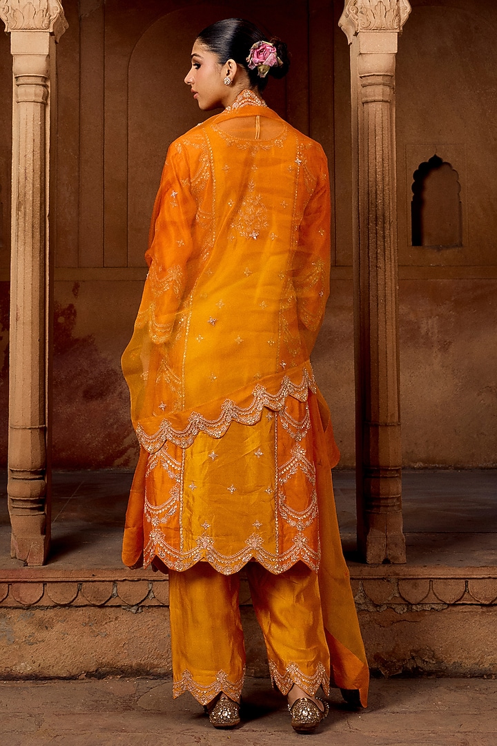 Mango Yellow & Orange Ombre Pure Spun Silk Marori Work Kurta Set by SURBHI SHAH at Pernia's Pop Up Shop