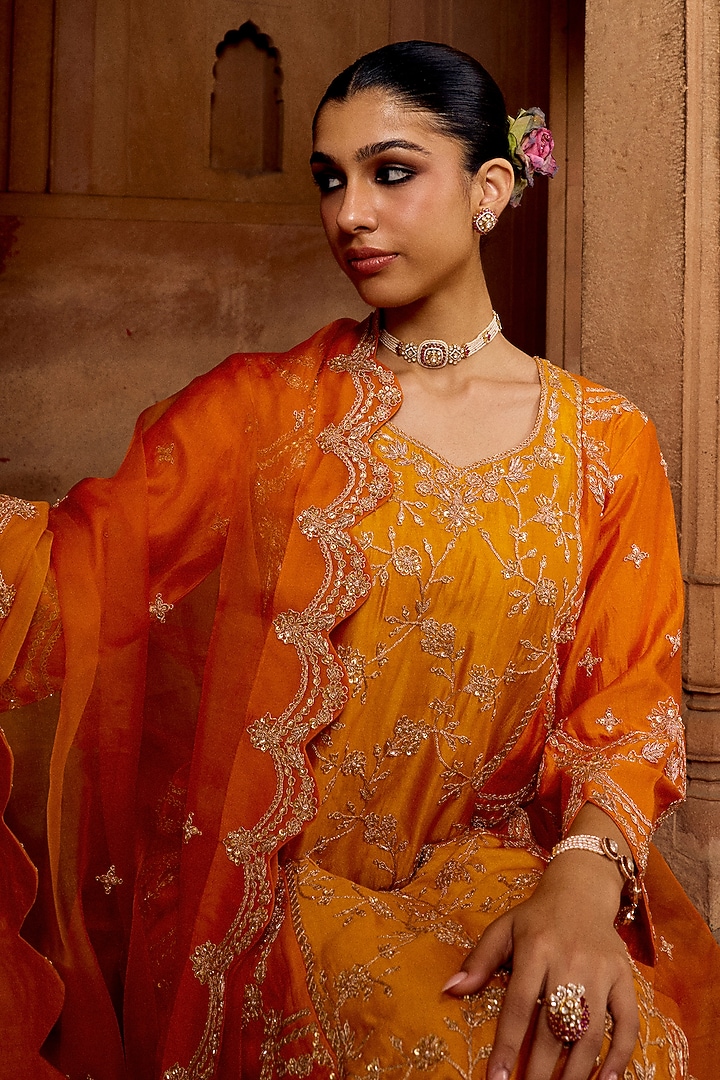 Mango Yellow & Orange Ombre Pure Spun Silk Marori Work Kurta Set by SURBHI SHAH at Pernia's Pop Up Shop