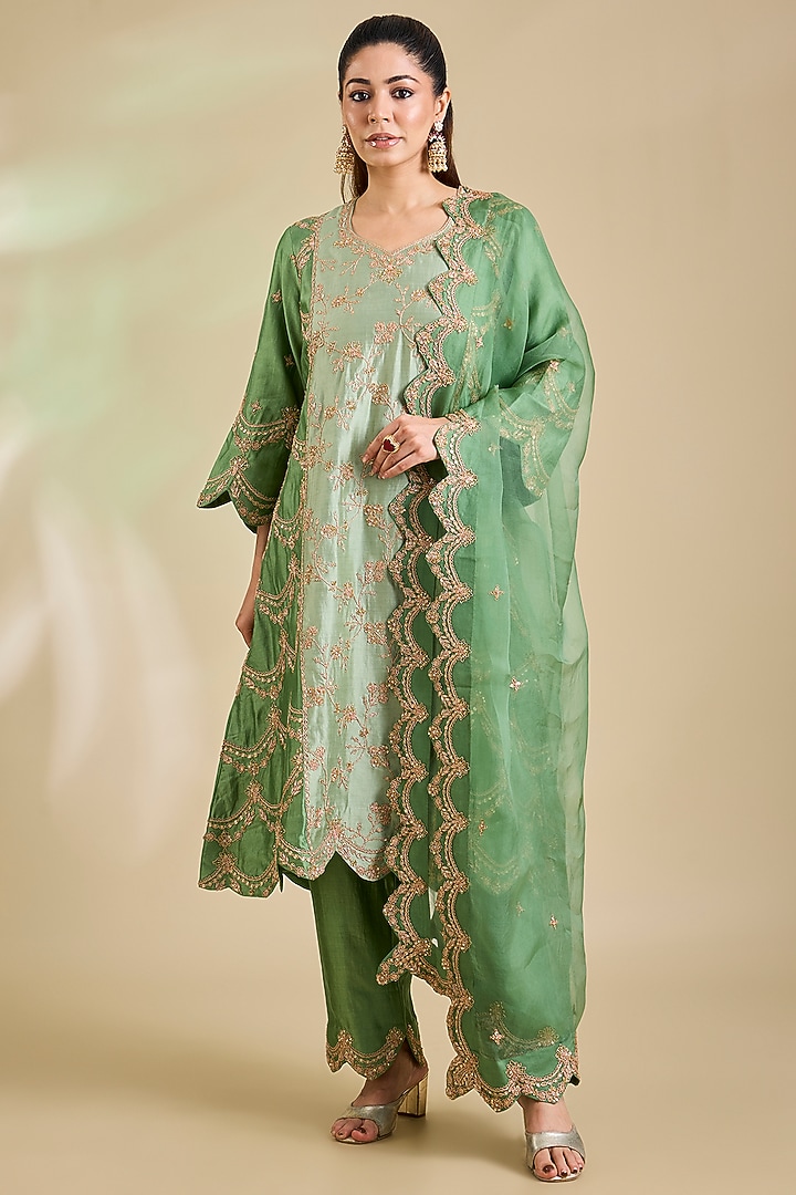 Sage Green Spun Silk Marori Embroidered Kurta Set by SURBHI SHAH at Pernia's Pop Up Shop