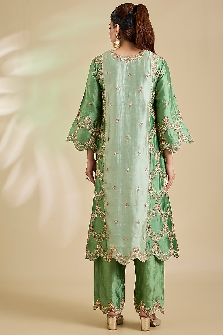 Sage Green Spun Silk Marori Embroidered Kurta Set by SURBHI SHAH at Pernia's Pop Up Shop