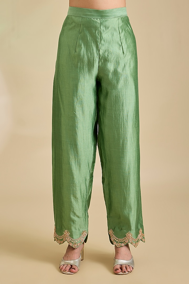 Sage Green Spun Silk Marori Embroidered Kurta Set by SURBHI SHAH at Pernia's Pop Up Shop