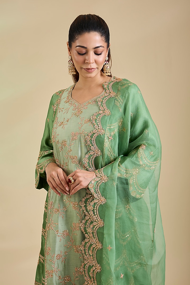 Sage Green Spun Silk Marori Embroidered Kurta Set by SURBHI SHAH at Pernia's Pop Up Shop
