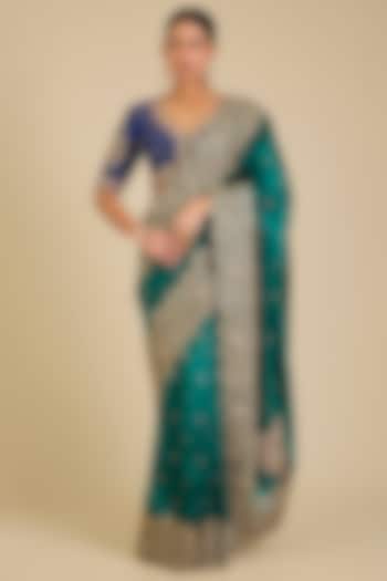 Emerald Green & Navy Blue Kora Silk Marori Work Reception Saree Set by SURBHI SHAH at Pernia's Pop Up Shop