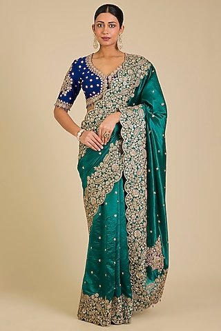 Emerald Green & Navy Blue Kora Silk Marori Work Saree Set by SURBHI SHAH