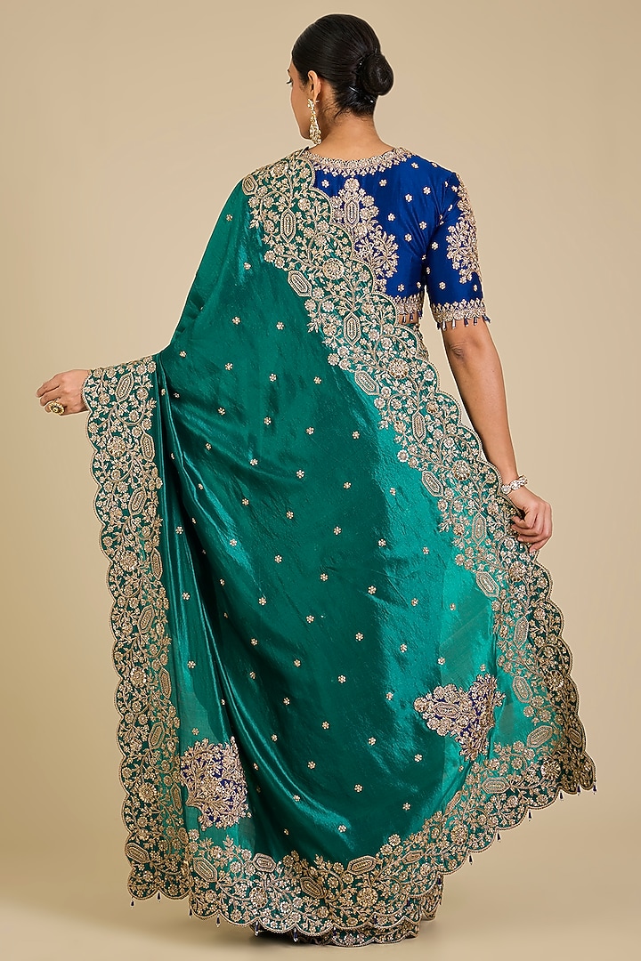 Emerald Green & Navy Blue Kora Silk Marori Work Reception Saree Set by SURBHI SHAH at Pernia's Pop Up Shop