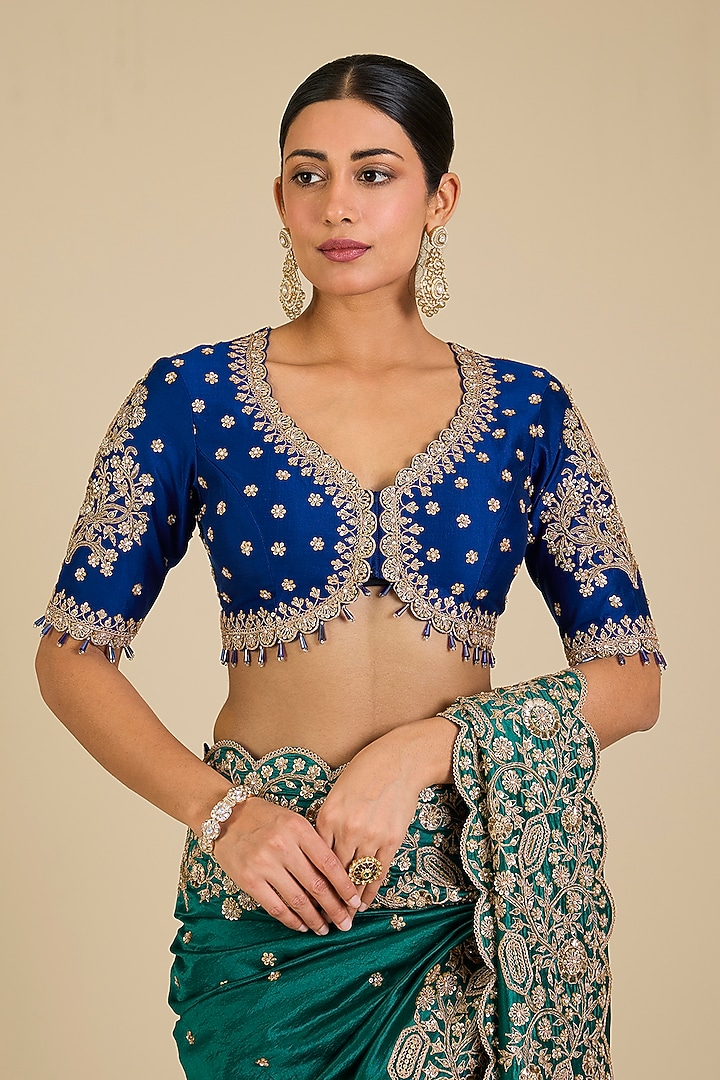Emerald Green & Navy Blue Kora Silk Marori Work Reception Saree Set by SURBHI SHAH at Pernia's Pop Up Shop