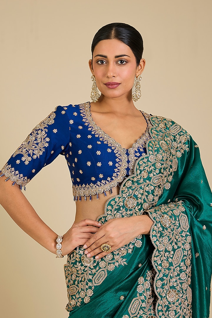 Emerald Green & Navy Blue Kora Silk Marori Work Reception Saree Set by SURBHI SHAH at Pernia's Pop Up Shop