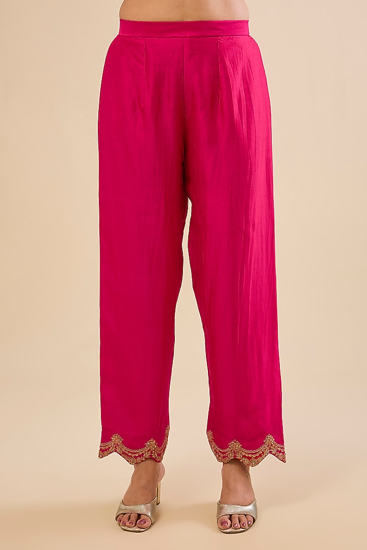 Hot Pink & Red Spun Silk Mukaish Work Kurta Set by Surbhi Shah at Pernia's Pop Up Shop