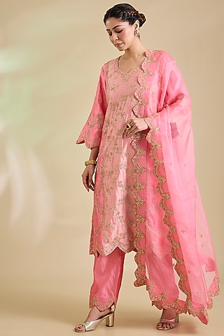 Raspberry Pink Spun Silk Marori Embroidered Kurta Set by SURBHI SHAH