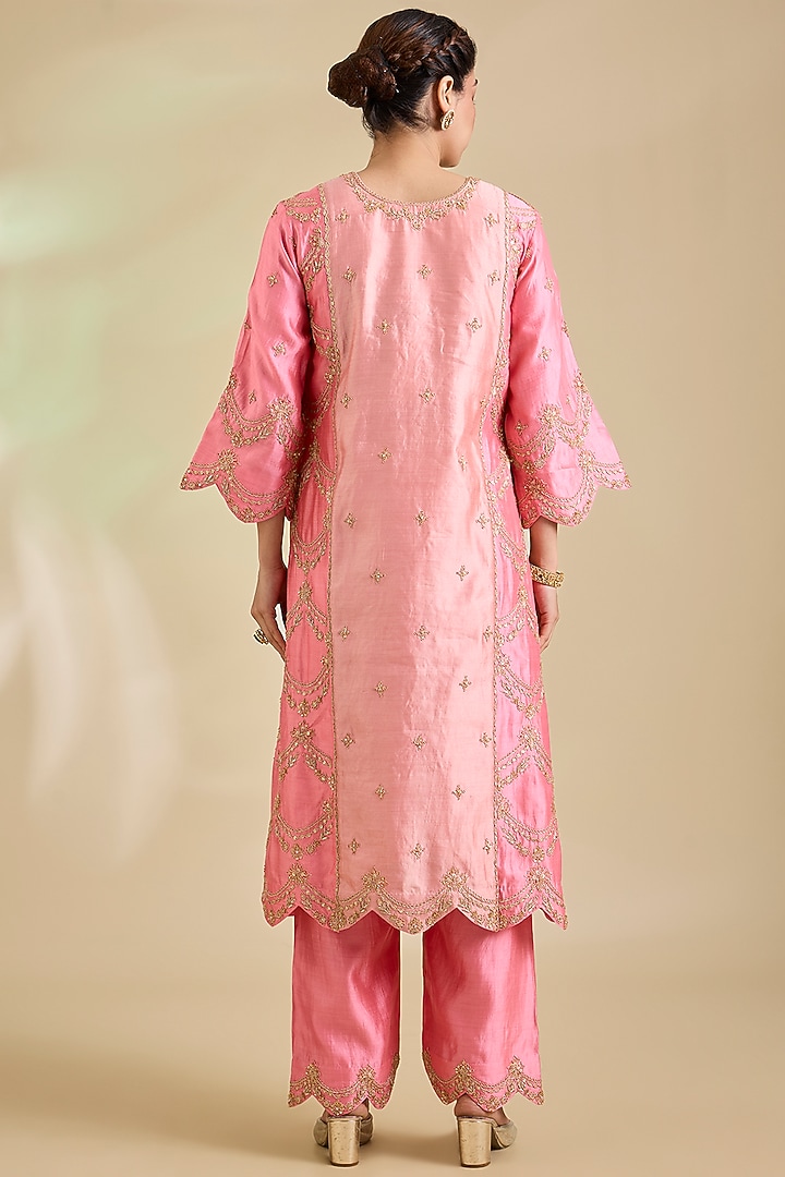 Raspberry Pink Spun Silk Marori Embroidered Kurta Set by SURBHI SHAH at Pernia's Pop Up Shop