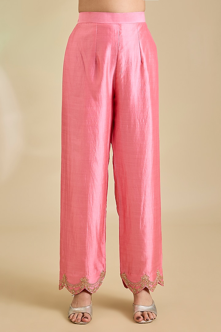 Raspberry Pink Spun Silk Marori Embroidered Kurta Set by SURBHI SHAH at Pernia's Pop Up Shop