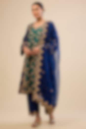 Emerald Green & Navy Blue Spun Silk Mukaish Work Kurta Set by Surbhi Shah at Pernia's Pop Up Shop
