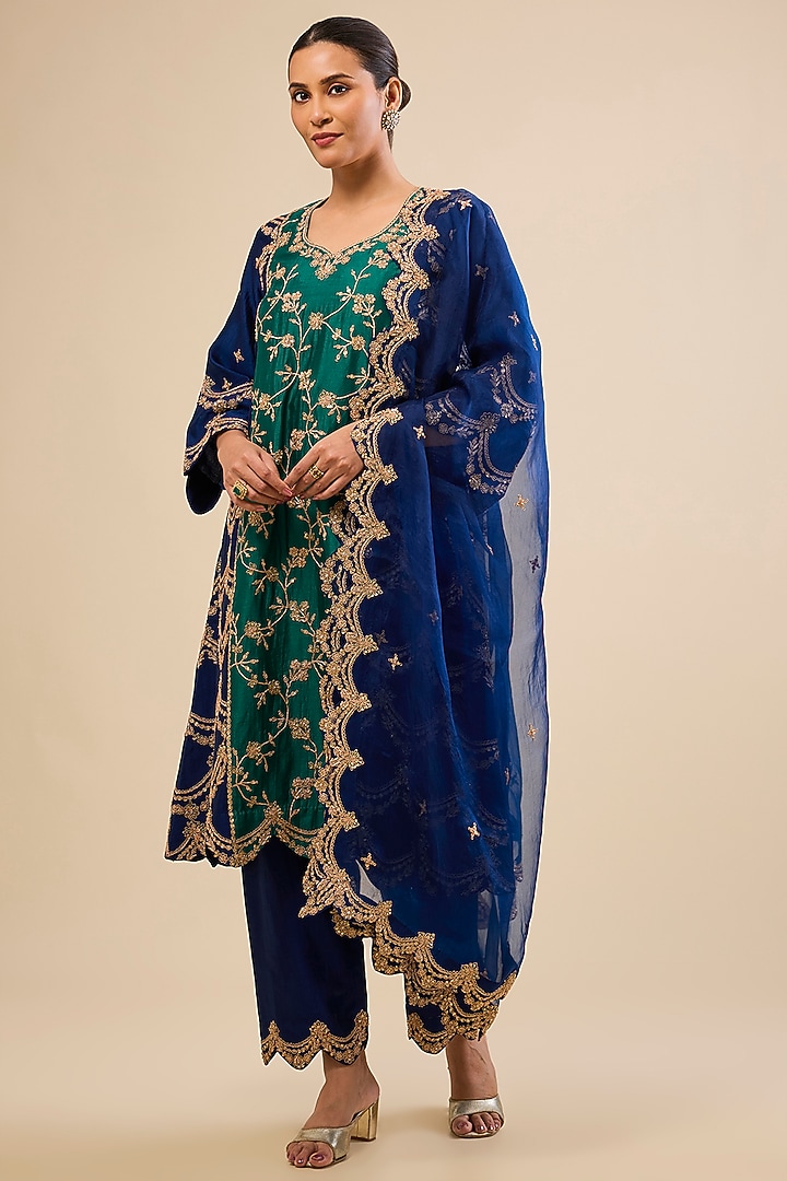 Emerald Green & Navy Blue Spun Silk Mukaish Work Kurta Set by Surbhi Shah at Pernia's Pop Up Shop